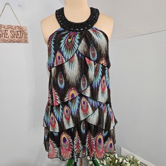 XXI Peacock Layered Tunic Beaded High Neck Top Small Fairy Retro Glam Feather - Picture 5 of 14